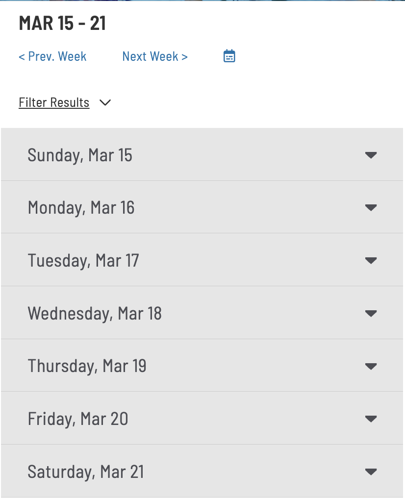 Mobile view of the GroupX schedule
